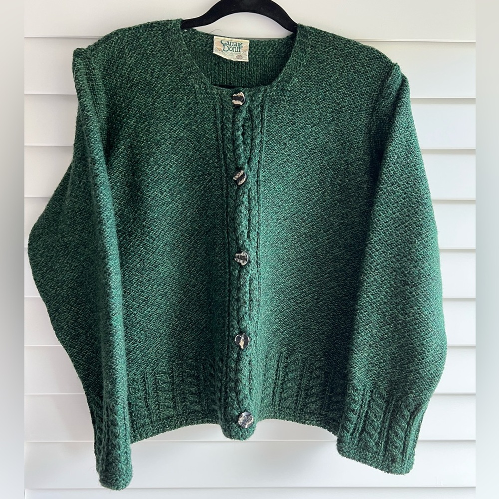 Vintage 100% Wool Cardigan, Made in Ireland, Deep Emerald Green, Sz - L - Picture 2 of 12